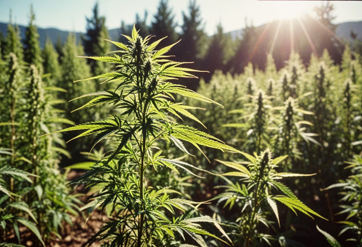 Hemp plants growing in the sun – the source of THC-free CBD products you might find in tinctures, gummies, or topicals.